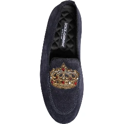Blue Suede Crown Crystal Loafers Dress Shoes