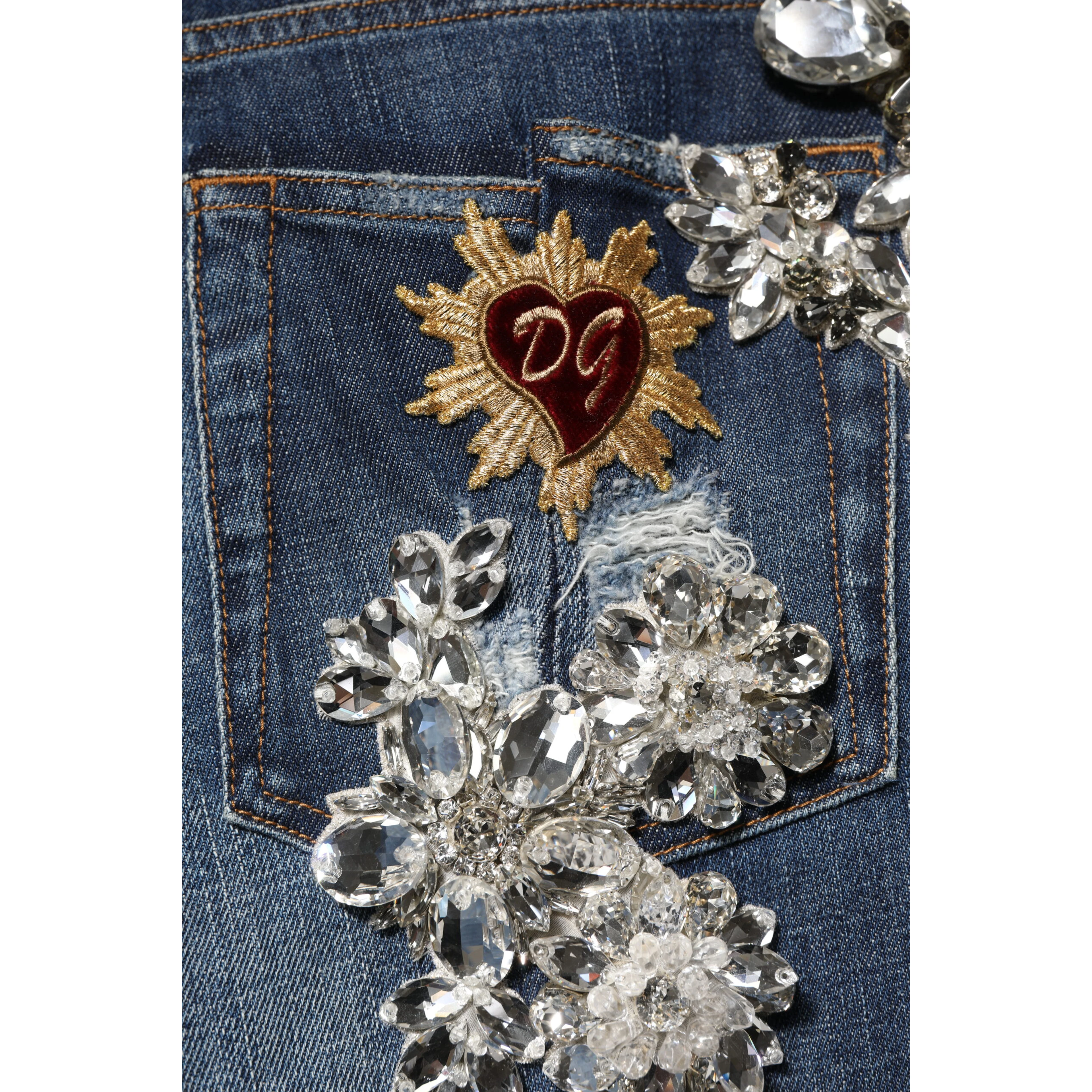 Blue Cotton Rhinestone Embellish Denim Jeans