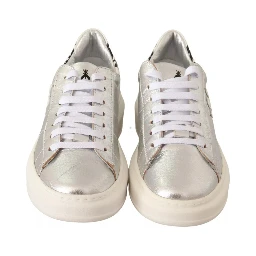 Silver Full Grain Leather Lace Up Sneakers Shoes