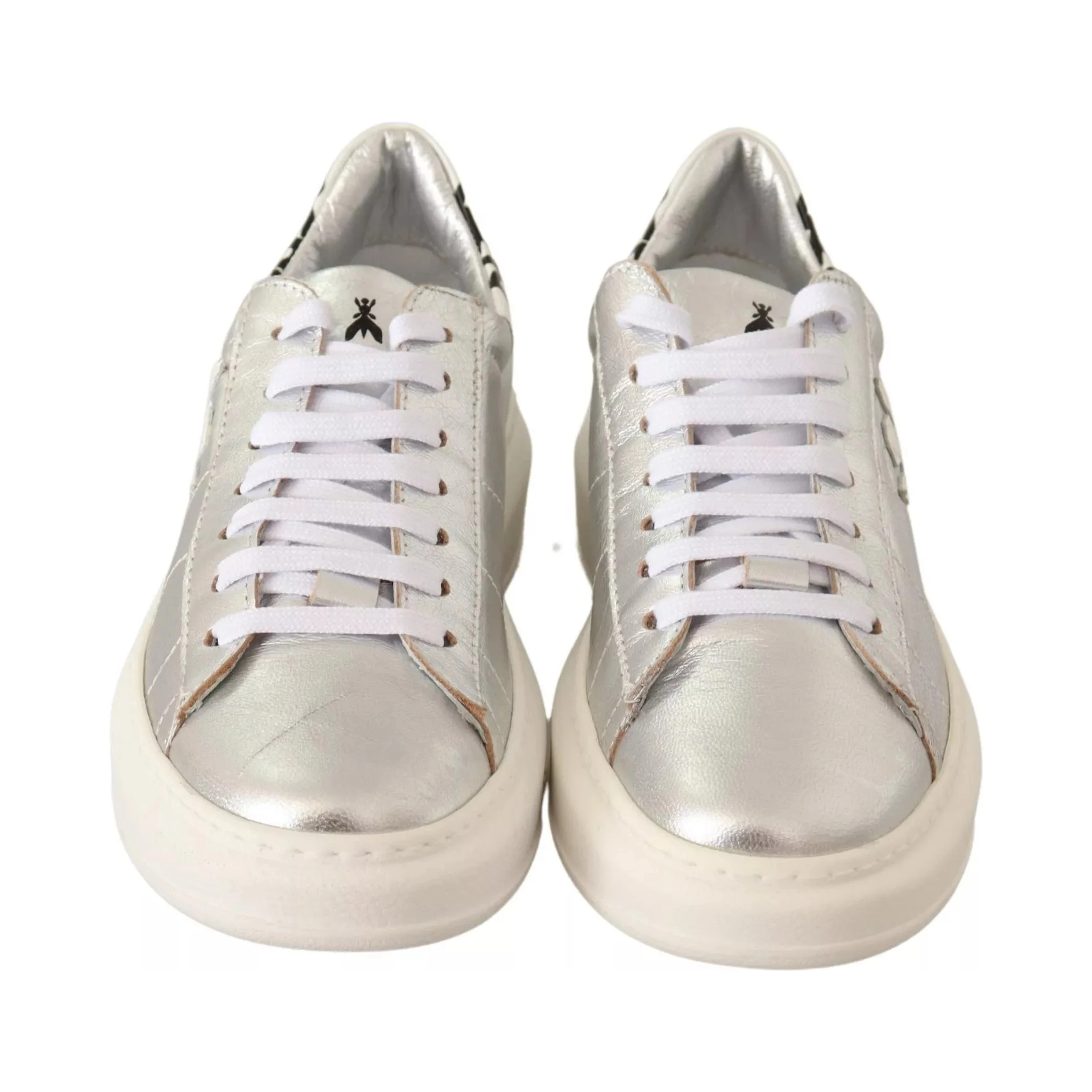 Silver Full Grain Leather Lace Up Sneakers Shoes
