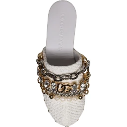 White Raffia Clogs Bejeweled Chain Sandals Shoes