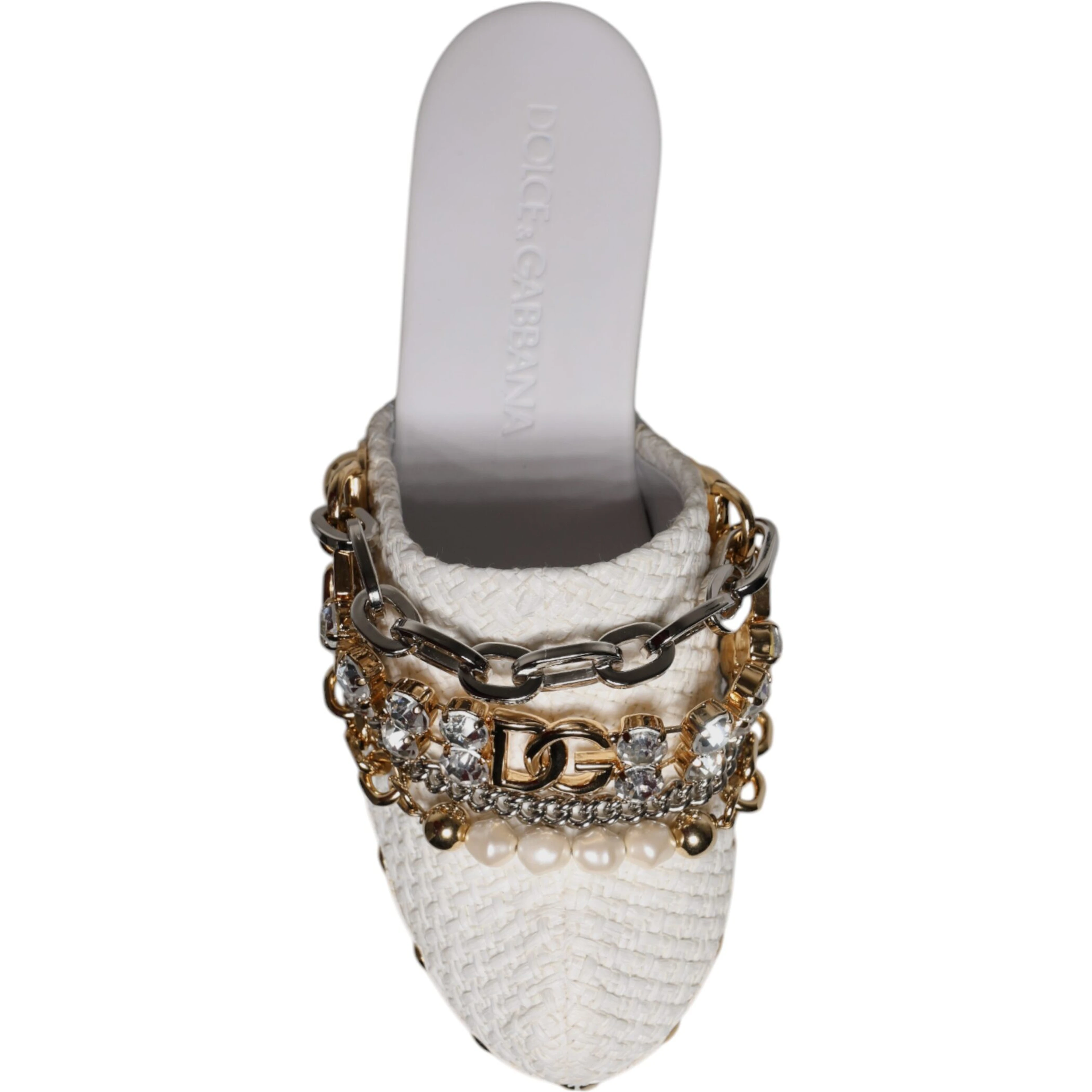 White Raffia Clogs Bejeweled Chain Sandals Shoes