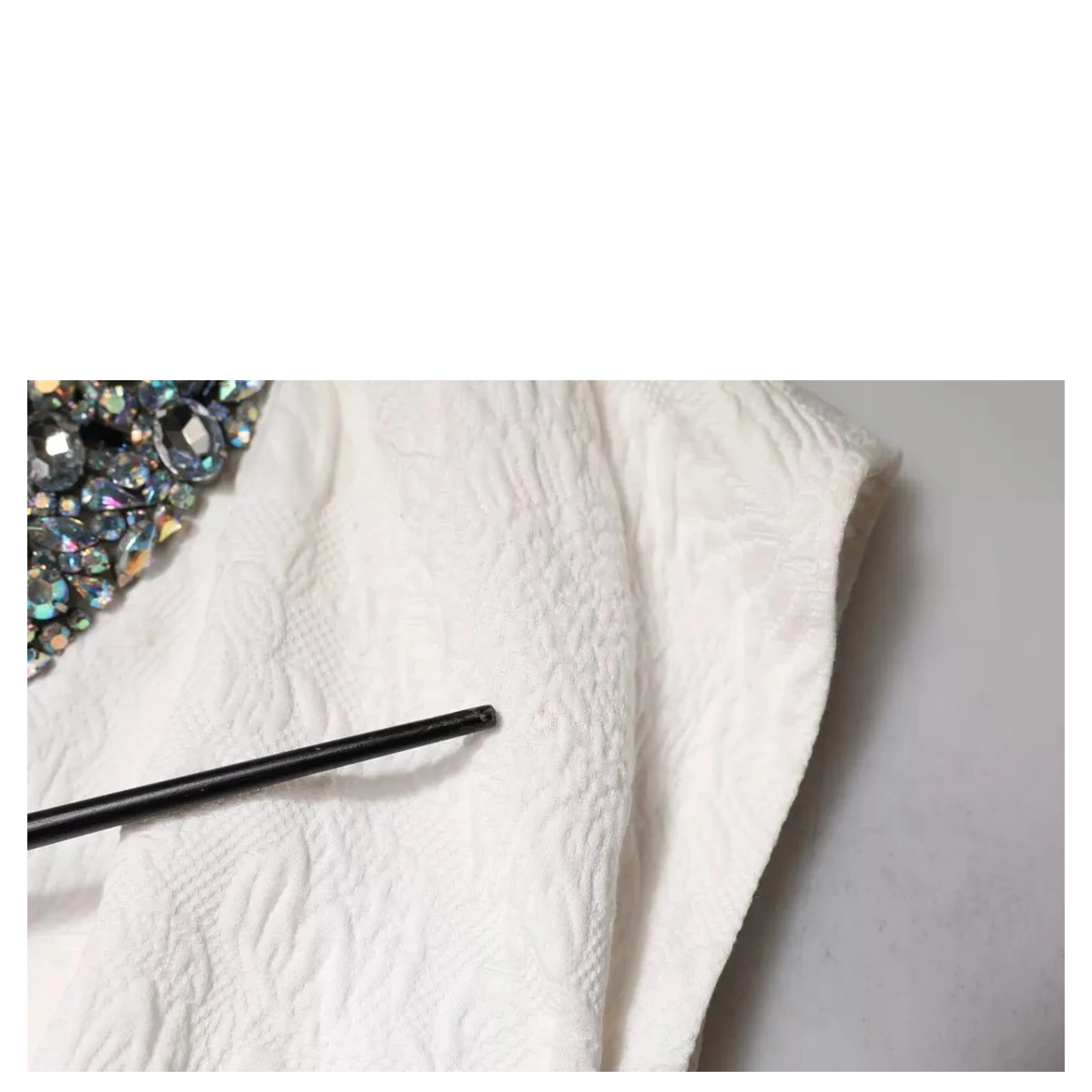 White Crystal Embellished Jacquard Brocade Mini Dress