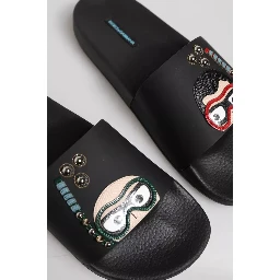 Black Divers Leather Flats Slides Sandals Beachwear Shoes