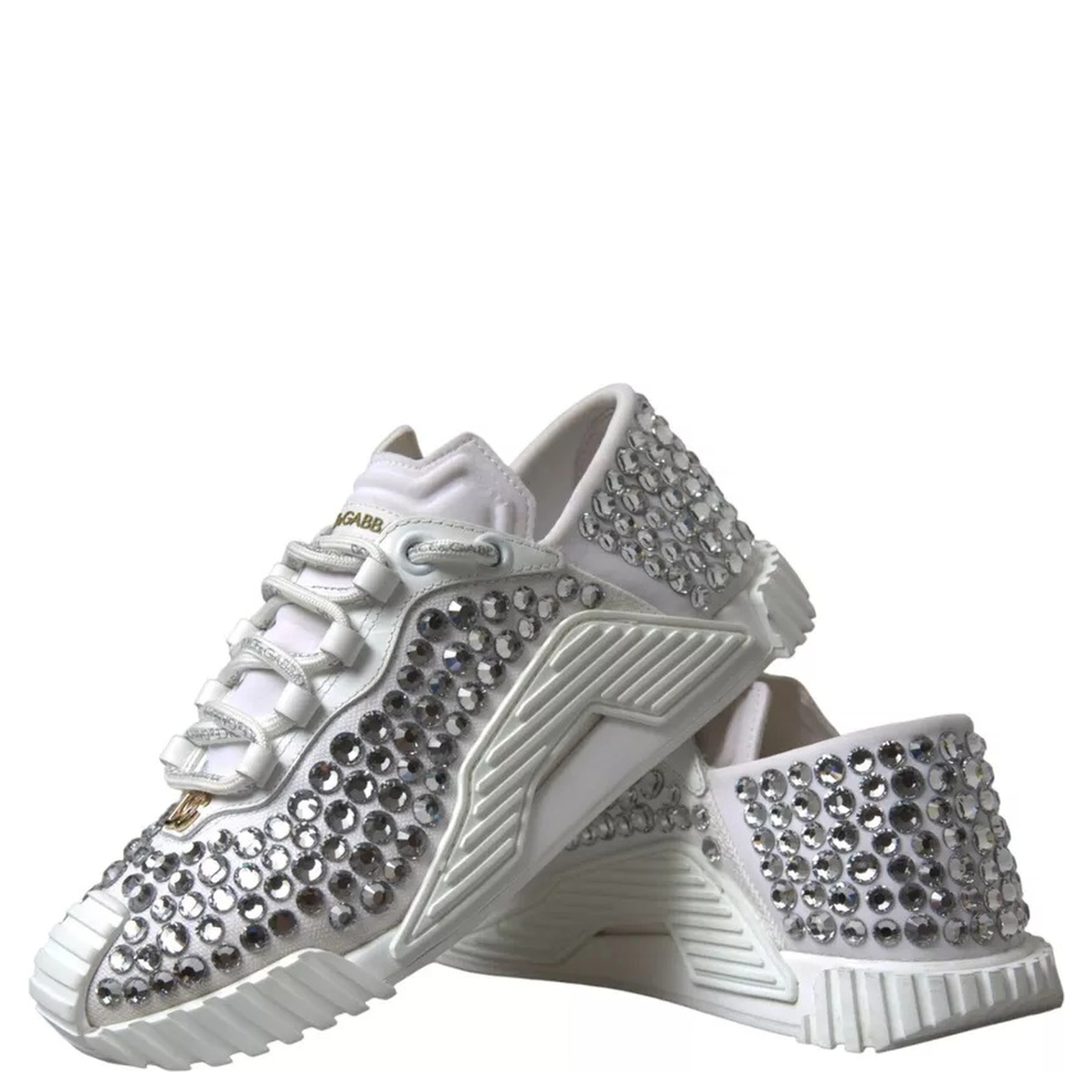 White NS1 Canvas Leather Embellished Sneakers Shoes