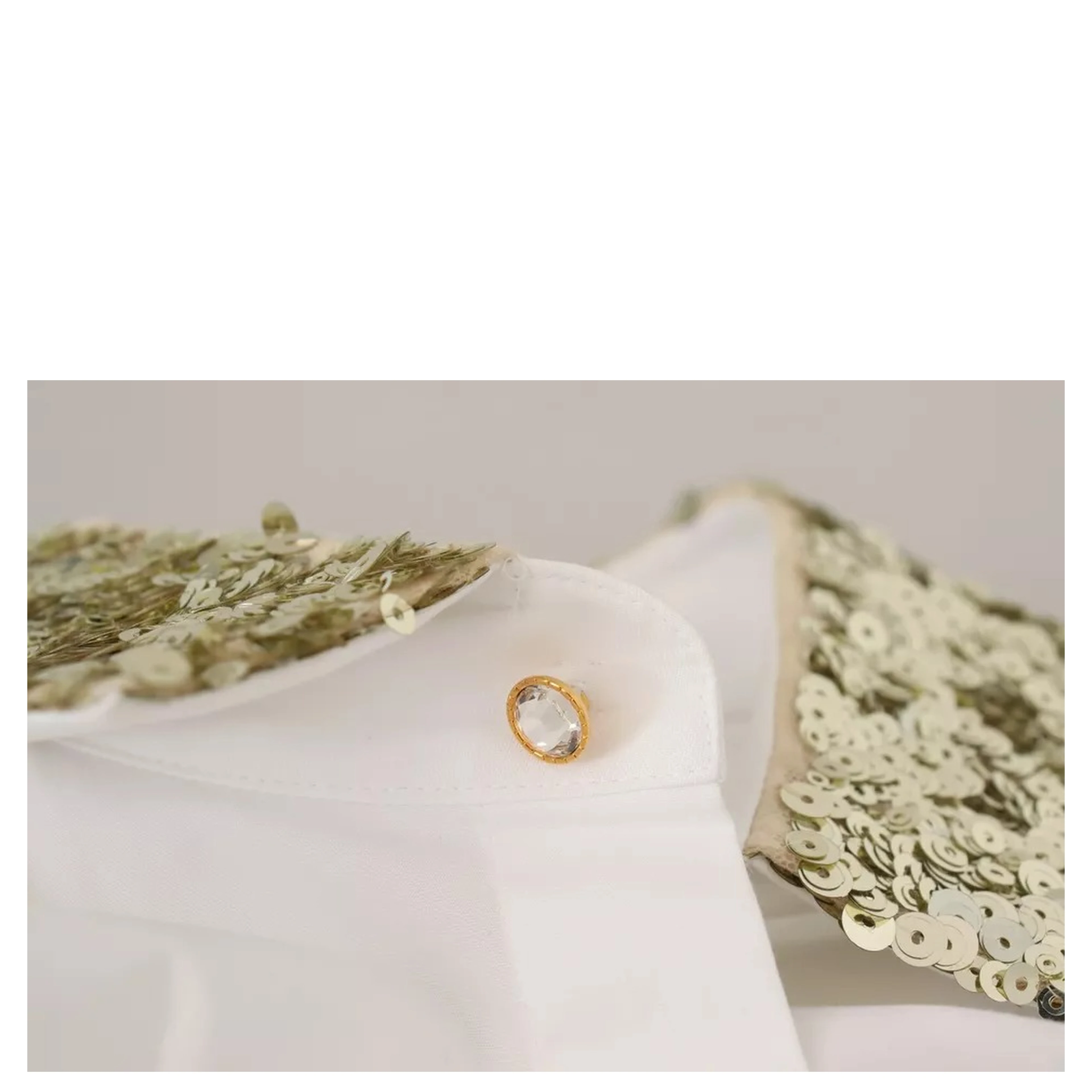 White Cotton Collared Long Sleeves Sequin Top Shirt