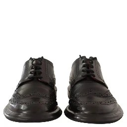 Black Perforated Leather Lace Up Derby Shoes