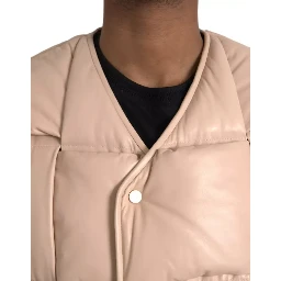 Beige Quilted Sleeveless Calf Leather Jacket