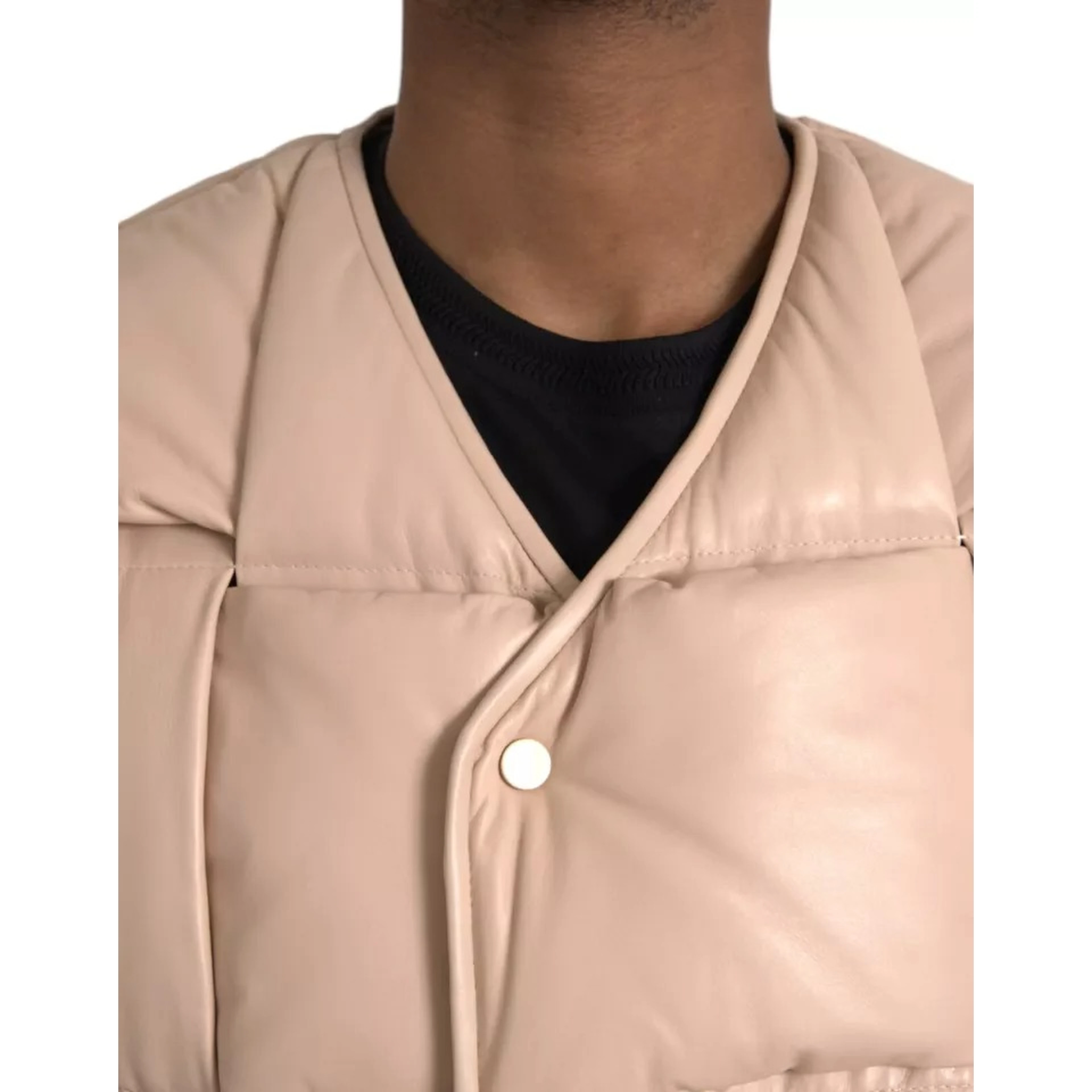 Beige Quilted Sleeveless Calf Leather Jacket