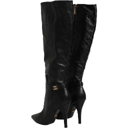 Black Leather Heels Knee High Boots Shoes