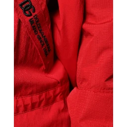Red Nylon Hooded Men Full Zip Parka Jacket