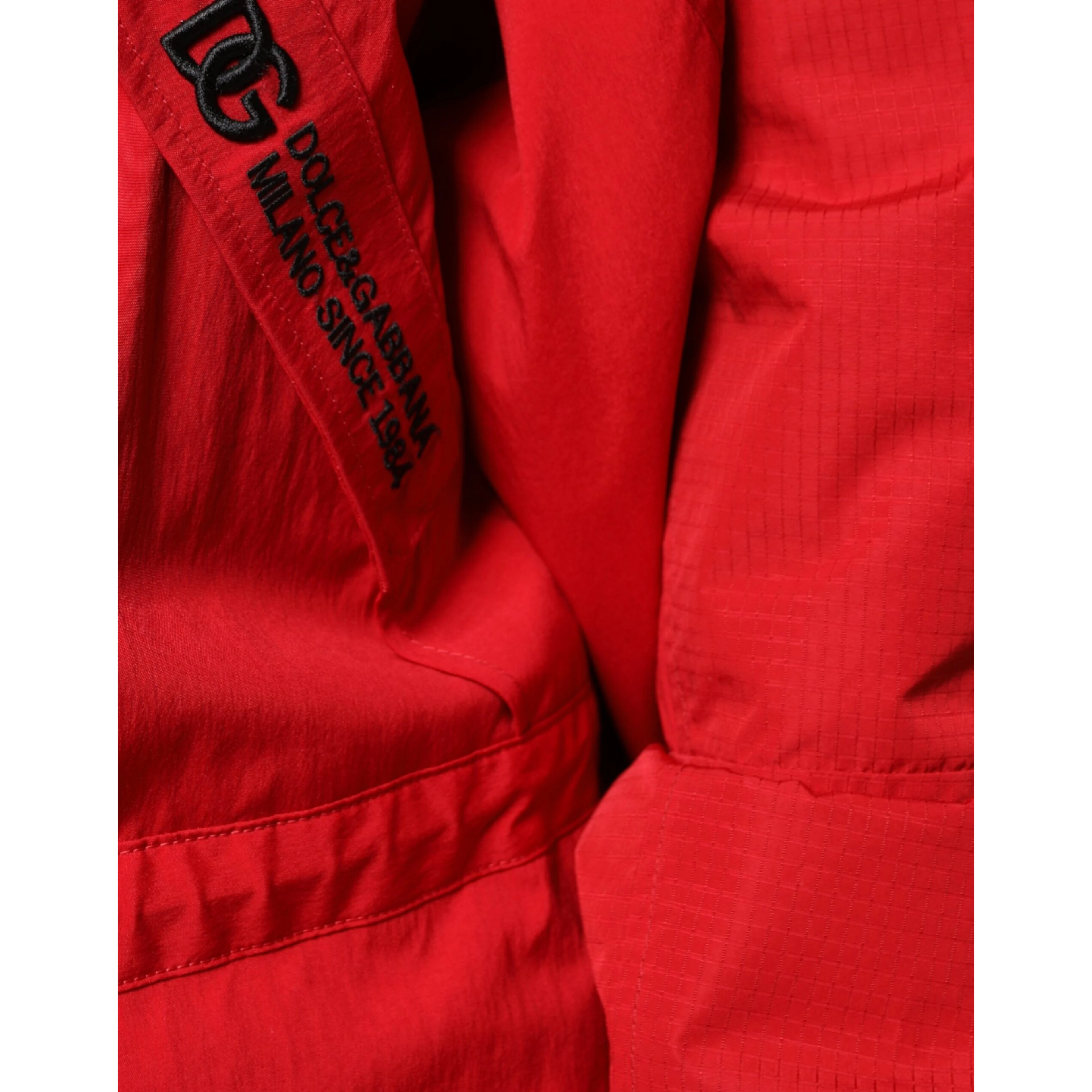 Red Nylon Hooded Men Full Zip Parka Jacket