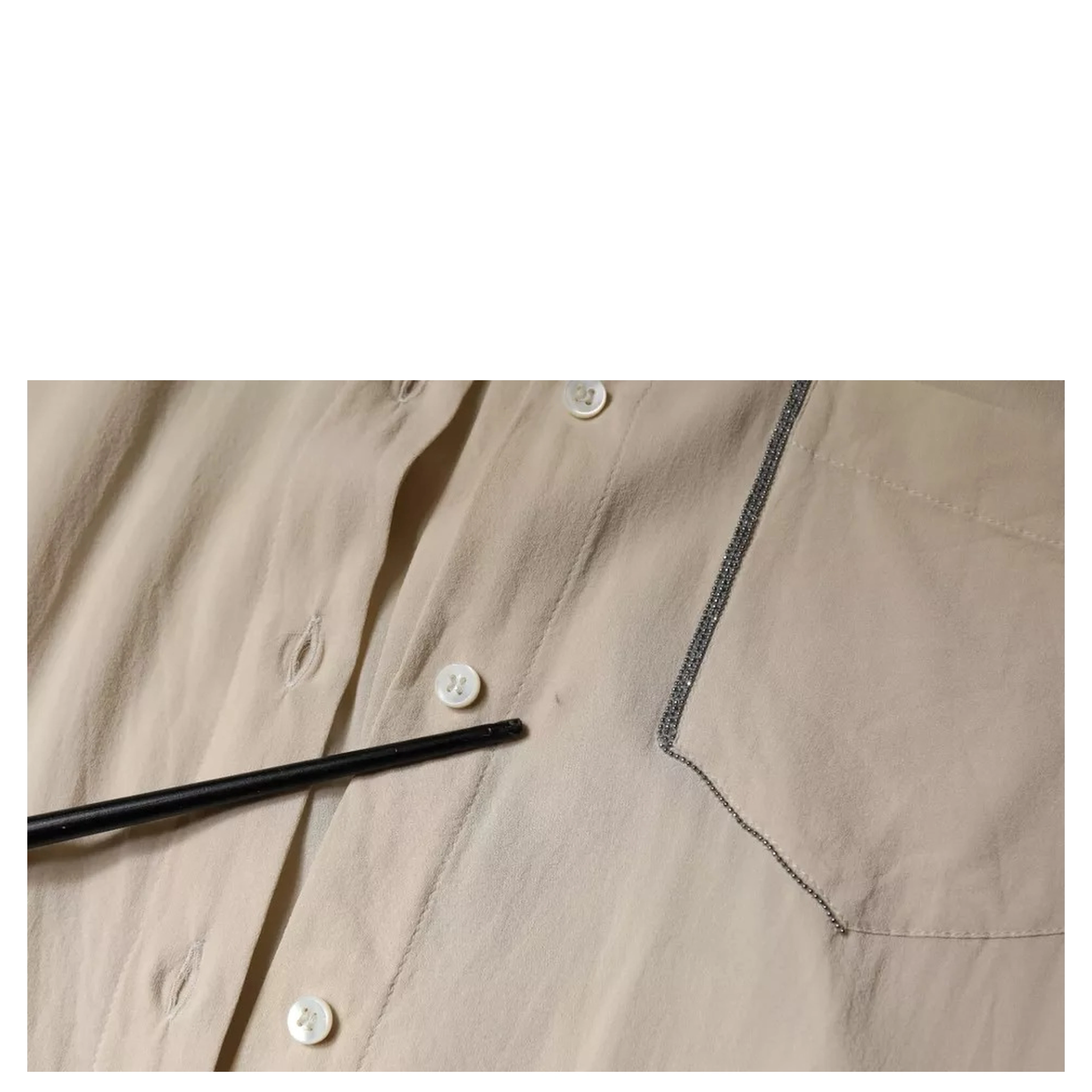 Beige Silk Blend Collared Button Down Top