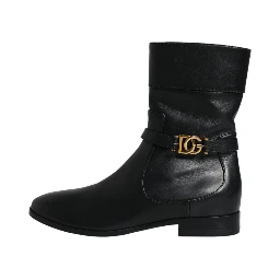 Black Leather Logo Mid Calf Boots Shoes