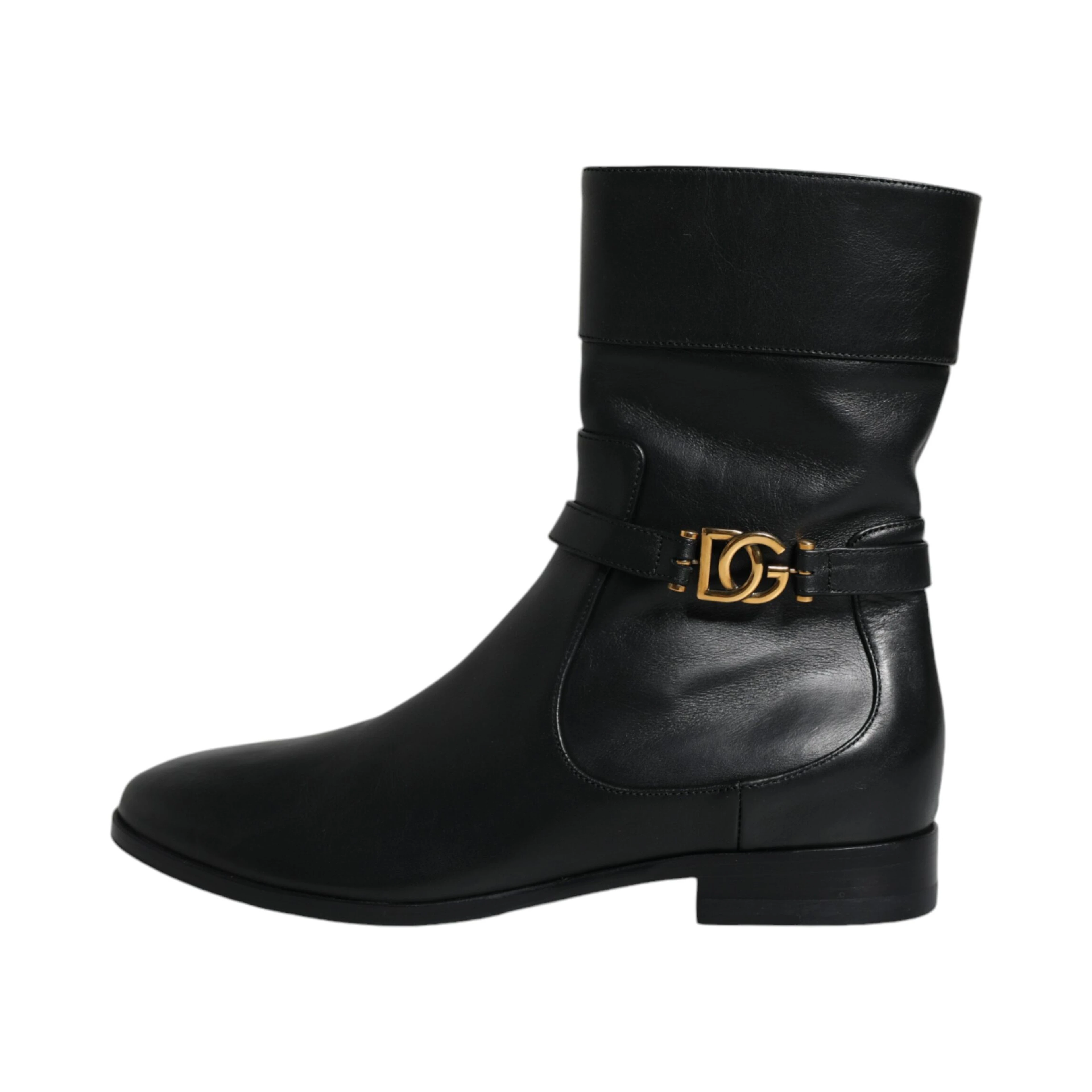 Black Leather Logo Mid Calf Boots Shoes