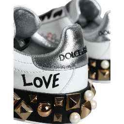 White Leather Floral Studded Sneakers Shoes