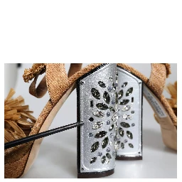 Brown Raffia Ankle Strap Crystal Sandals Shoes