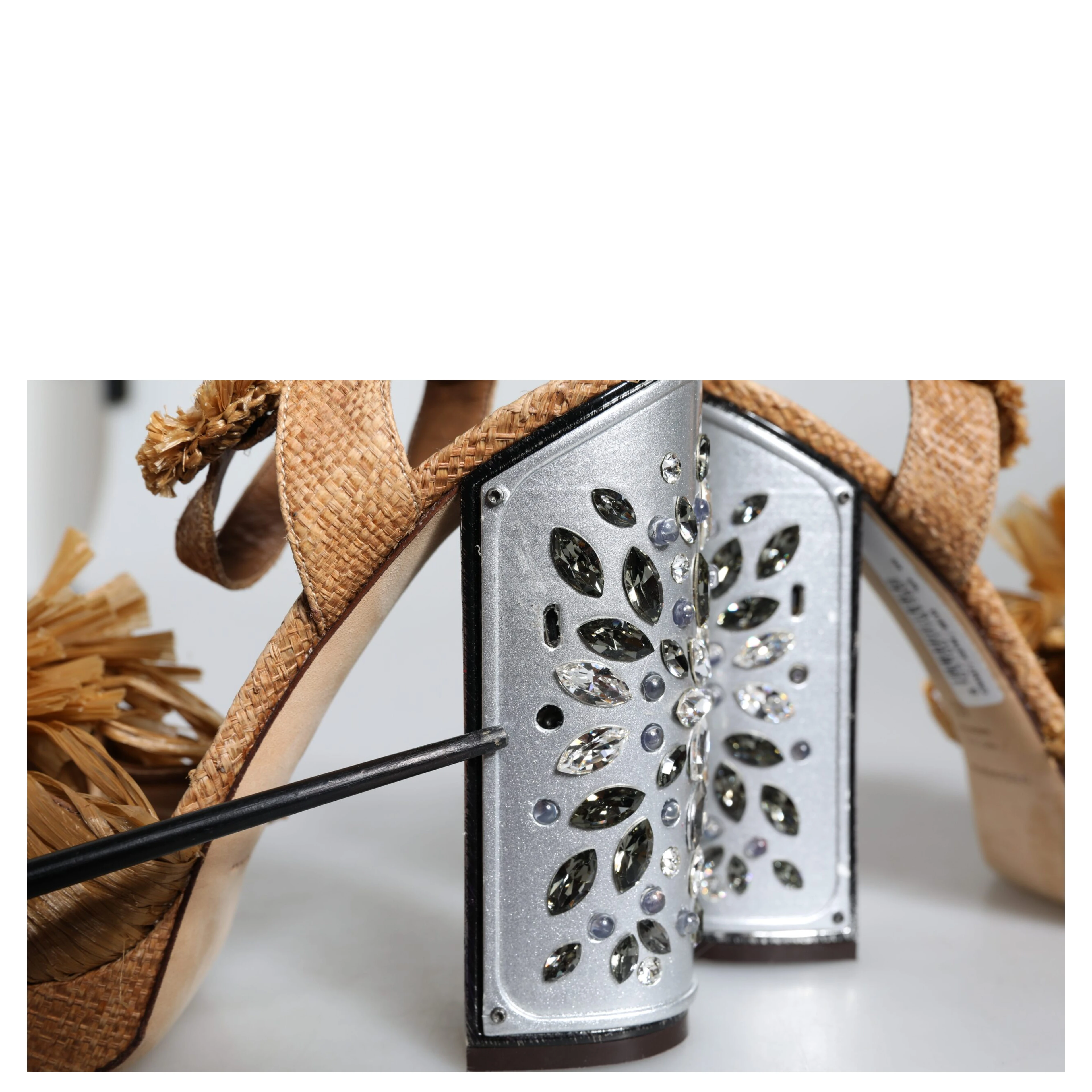 Brown Raffia Ankle Strap Crystal Sandals Shoes