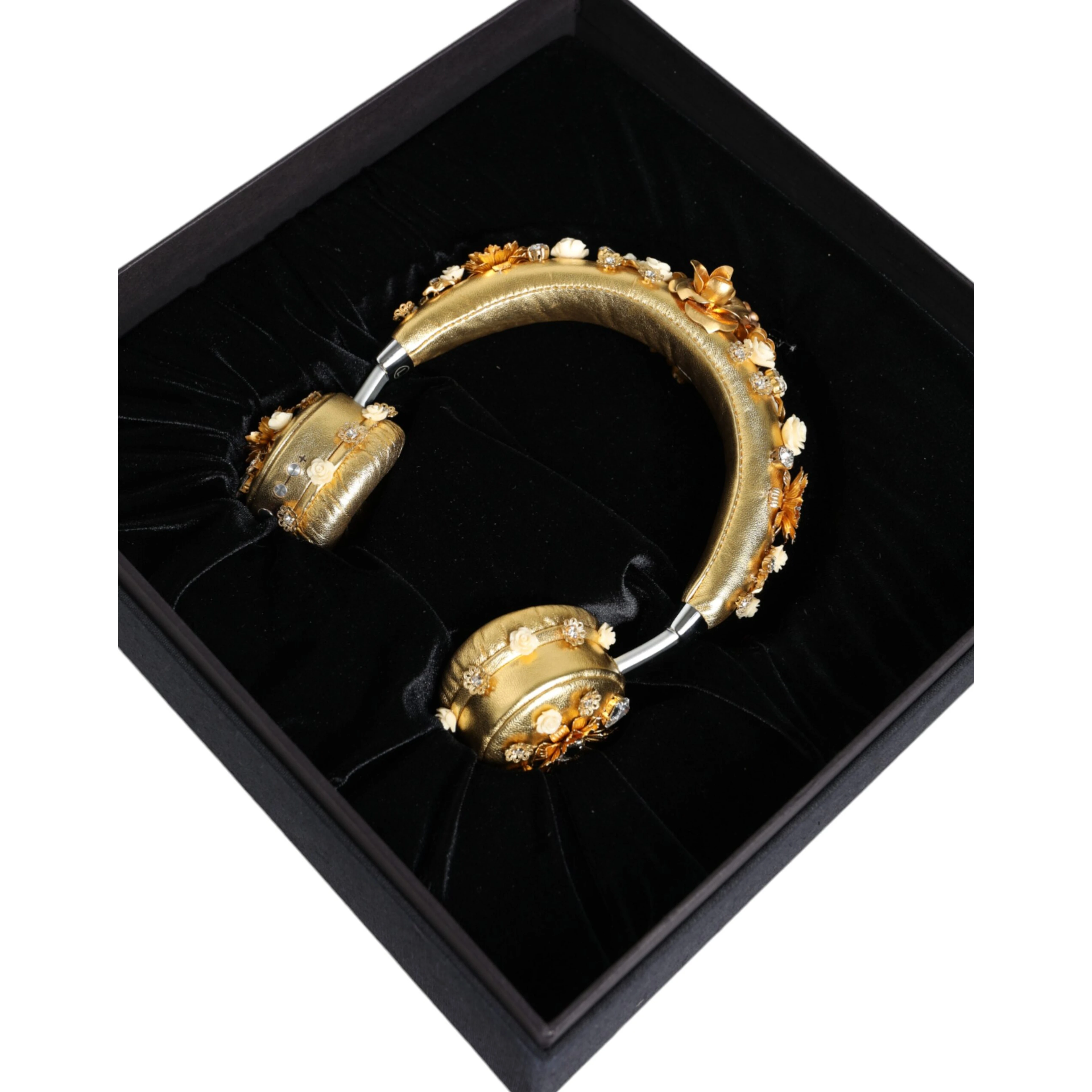 Gold Leather Floral Crystal Angel Headset Headphones