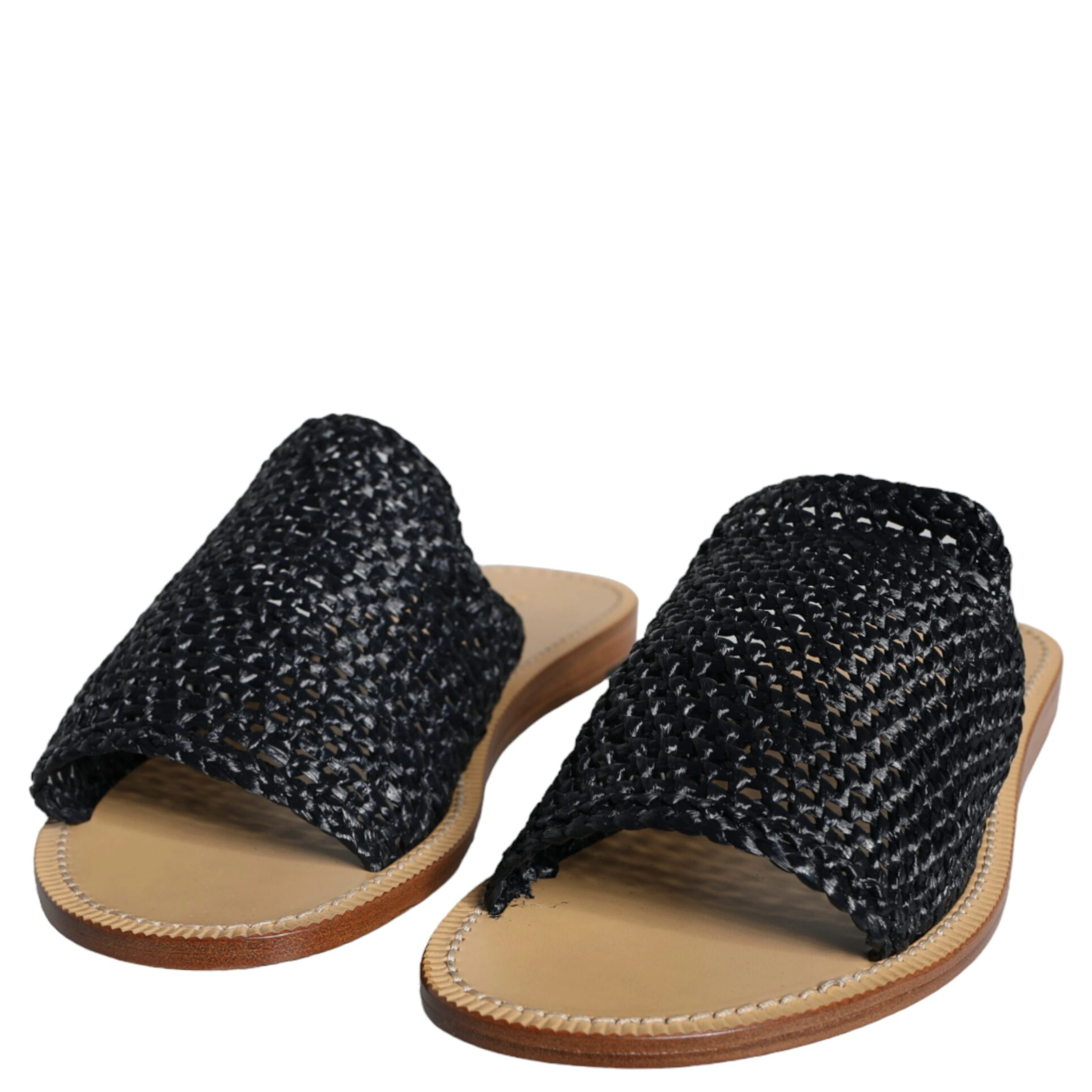 Black Monochrome Braided Raffia Slides Shoes
