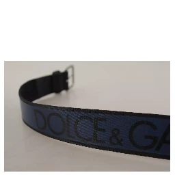 Blue Black Logo Print Silver Buckle Belt
