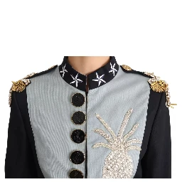Blue Button Crystal Embellished Cotton Jacket
