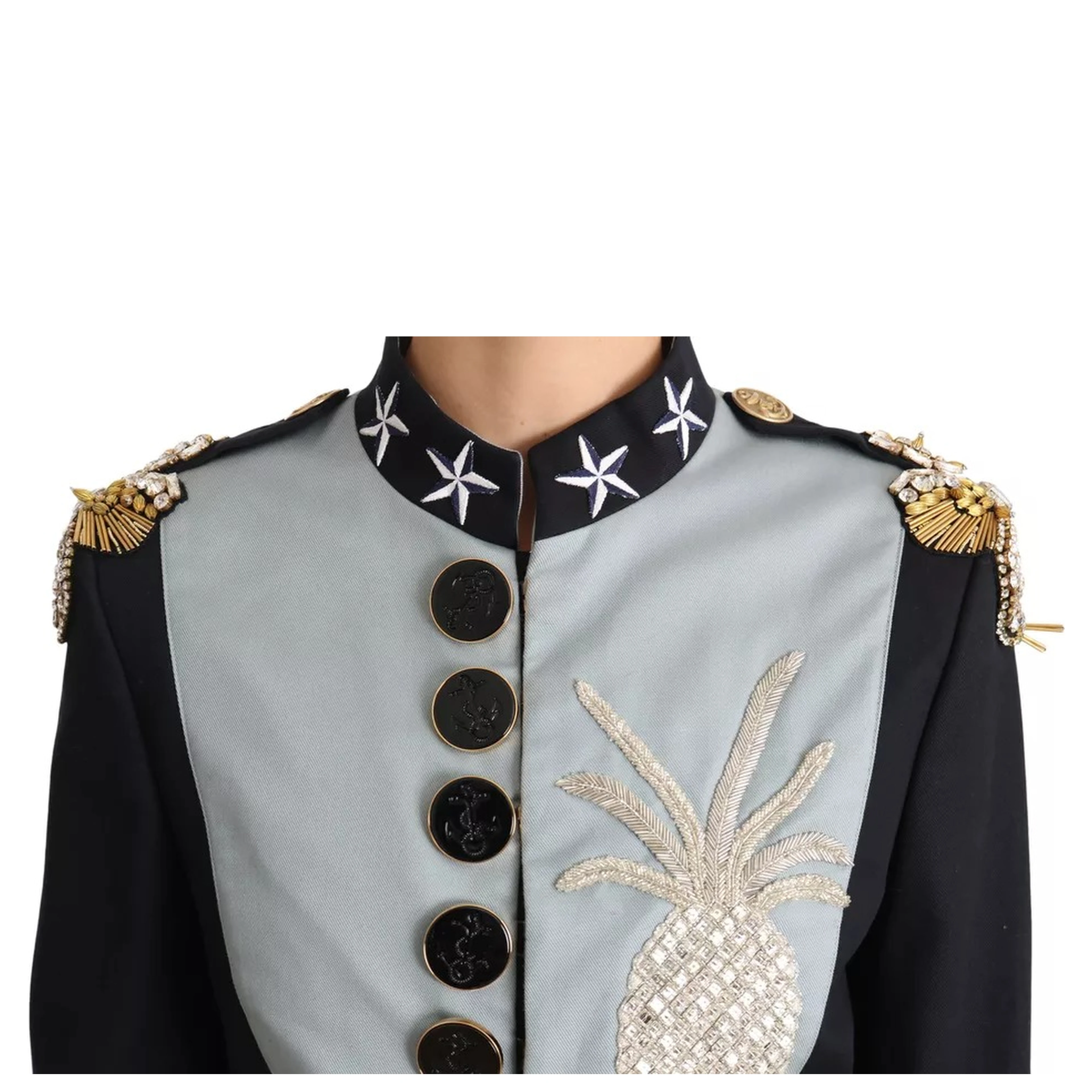 Blue Button Crystal Embellished Cotton Jacket