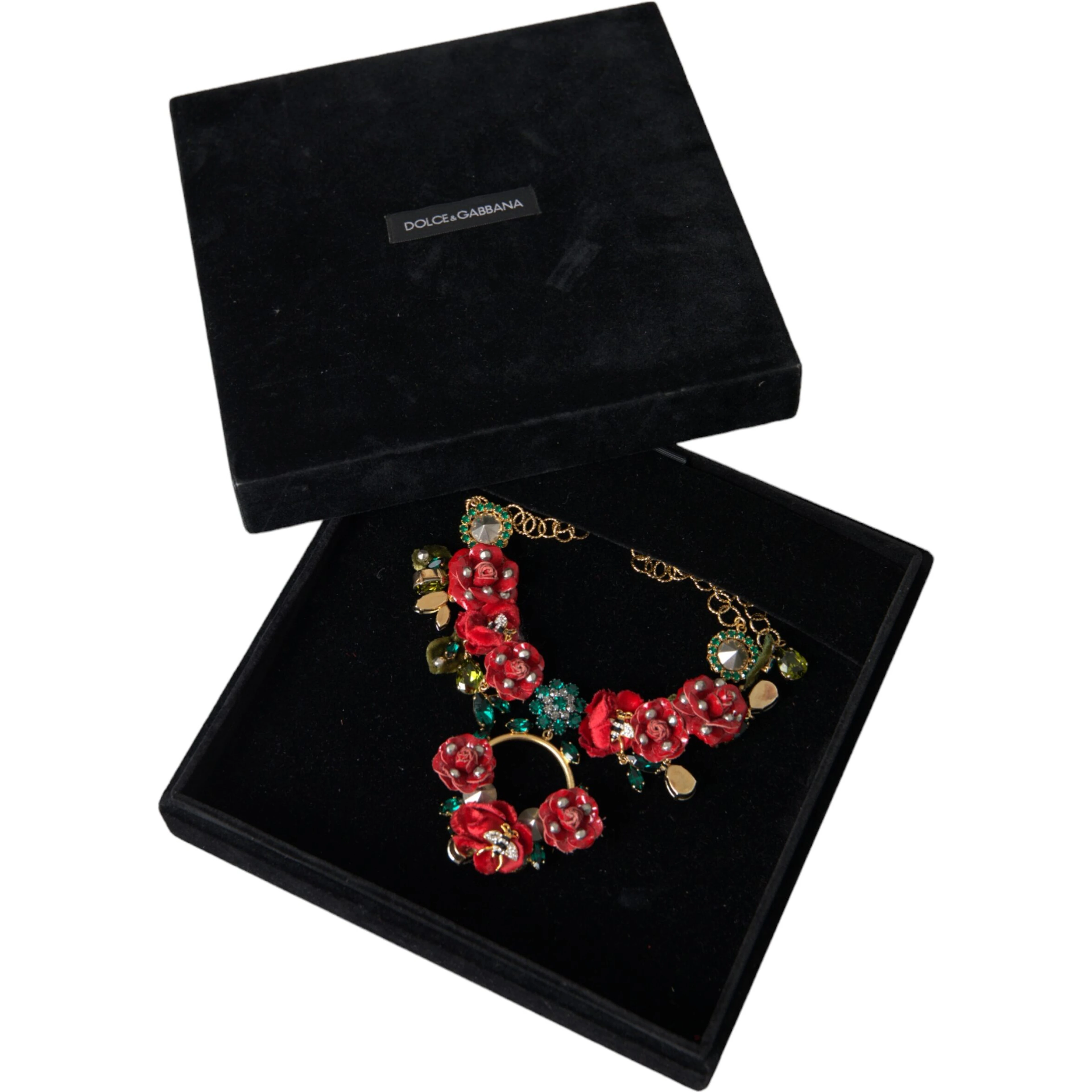 Gold Brass Link Chain RosePetal Crystal Pendant Necklace