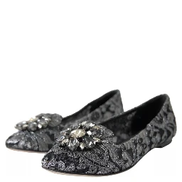 Gray Black Lace Crystal Ballet Loafers Shoes
