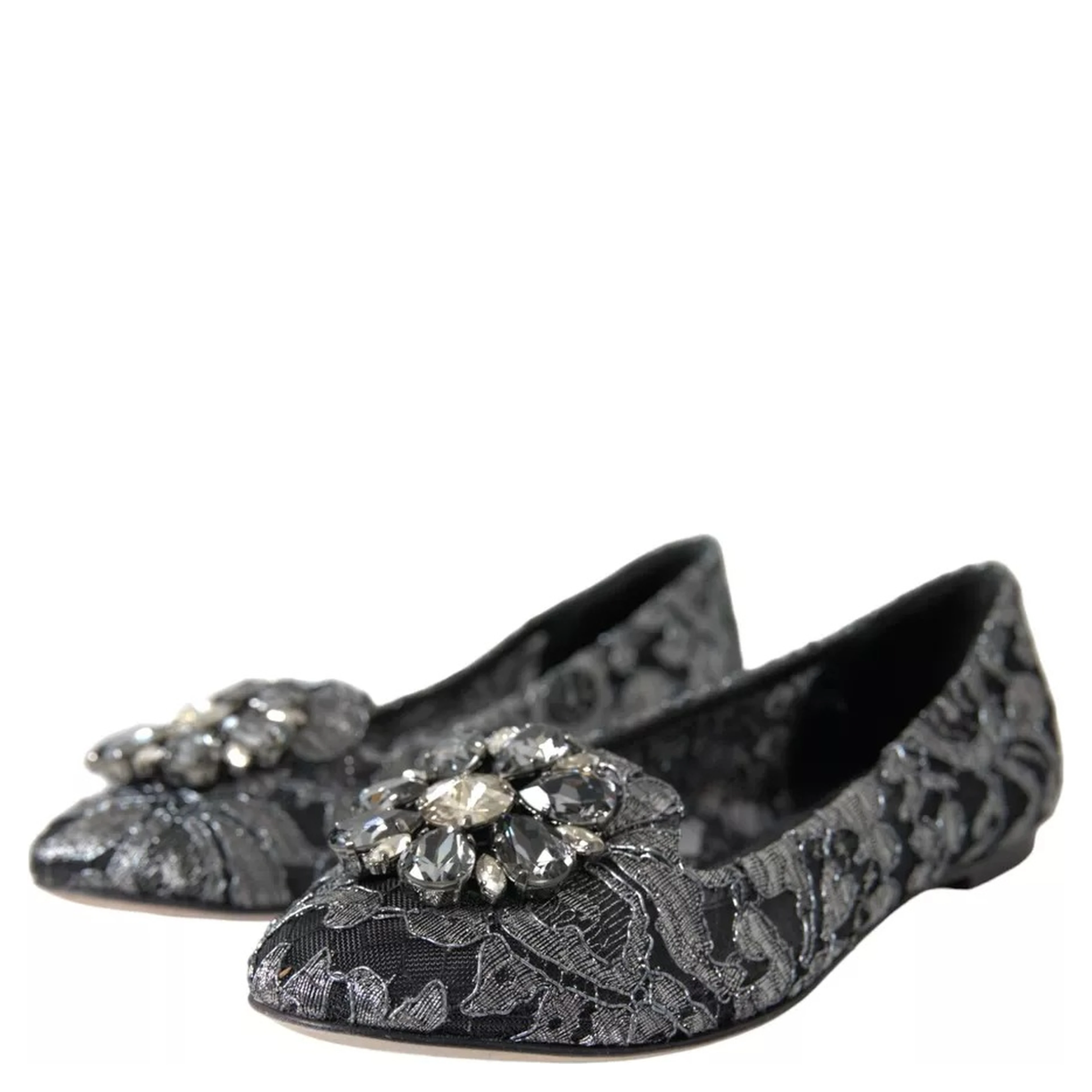 Gray Black Lace Crystal Ballet Loafers Shoes