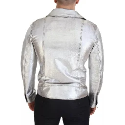 Silver Leather Biker Coat Lambskin Jacket
