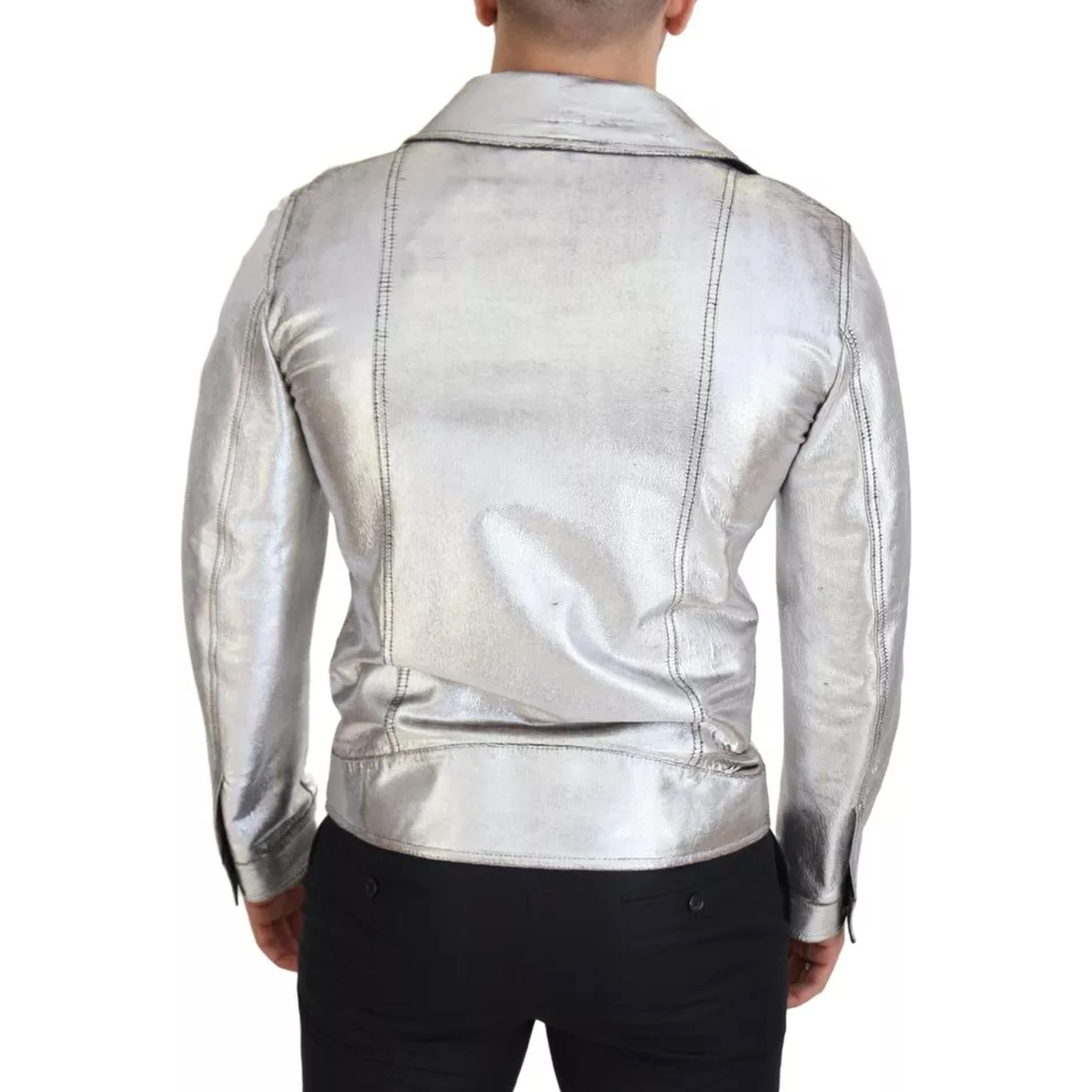 Silver Leather Biker Coat Lambskin Jacket