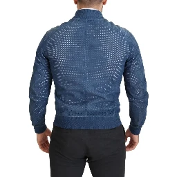 Blue Leather Perforated Full Zip Jacket