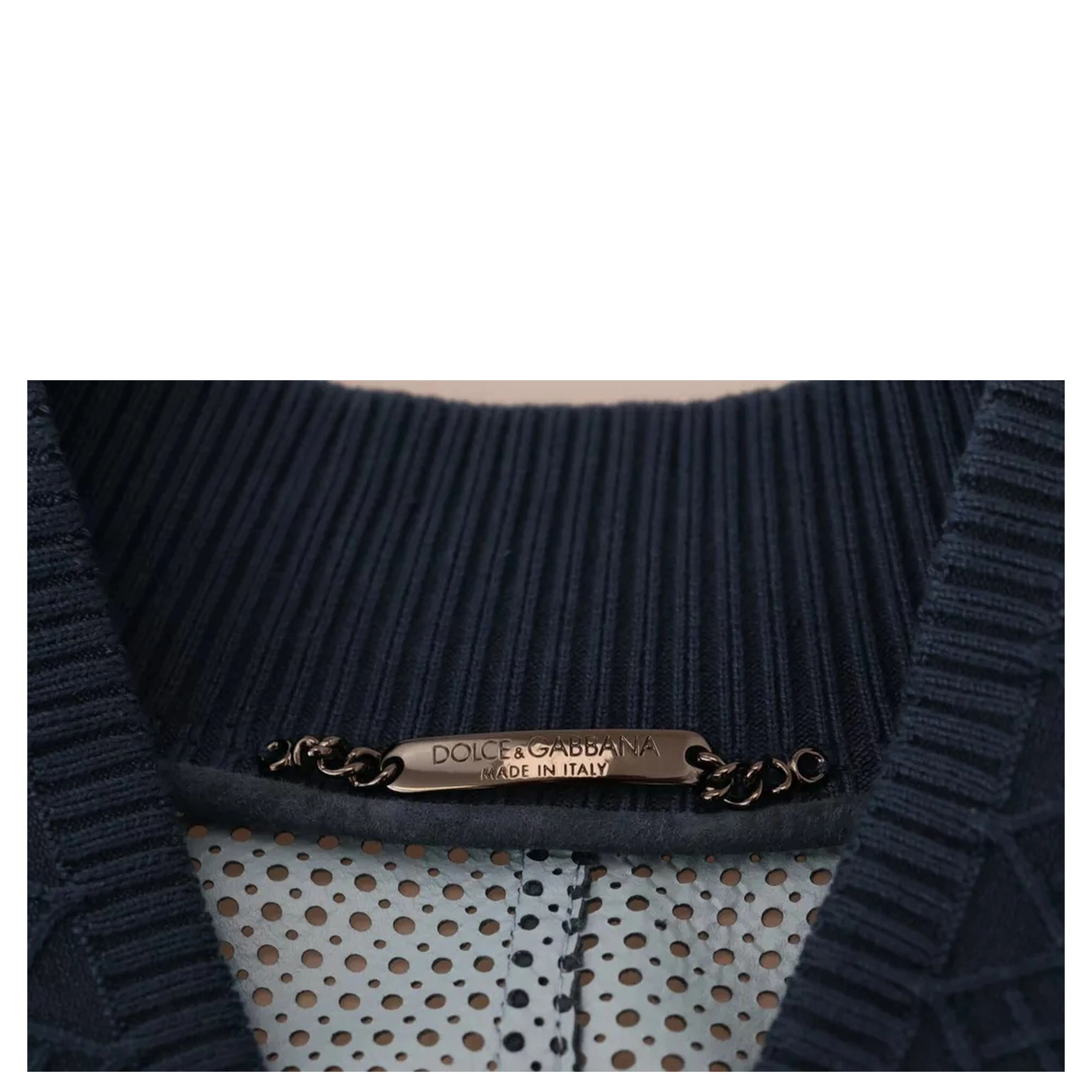 Blue Leather Perforated Full Zip Jacket
