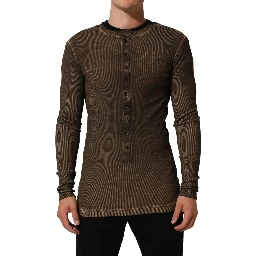 Brown Cotton Buttoned Henley Pullover Sweater