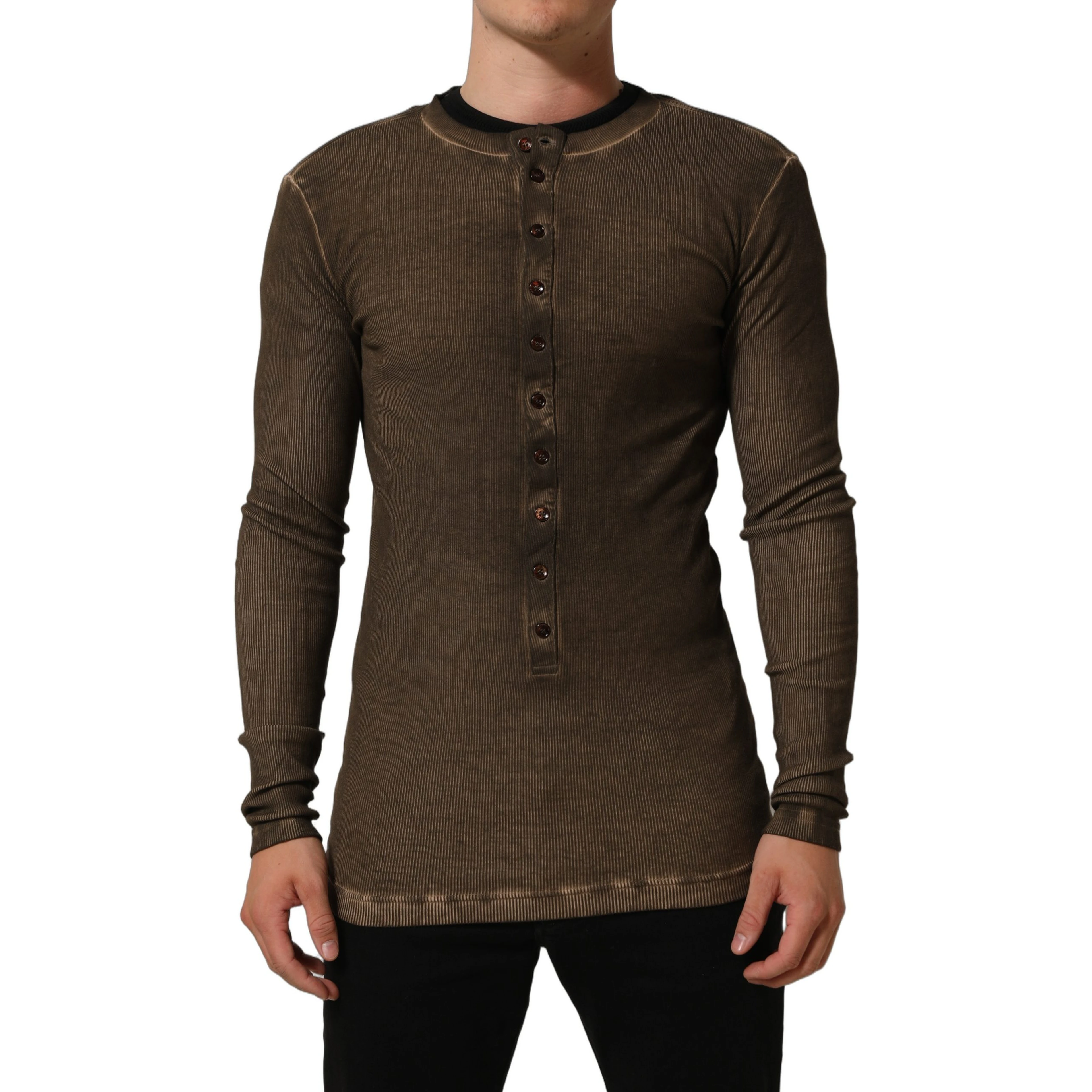 Brown Cotton Buttoned Henley Pullover Sweater