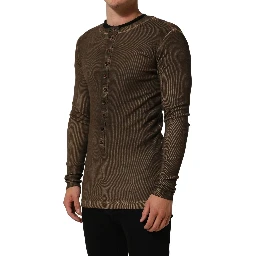 Brown Cotton Buttoned Henley Pullover Sweater