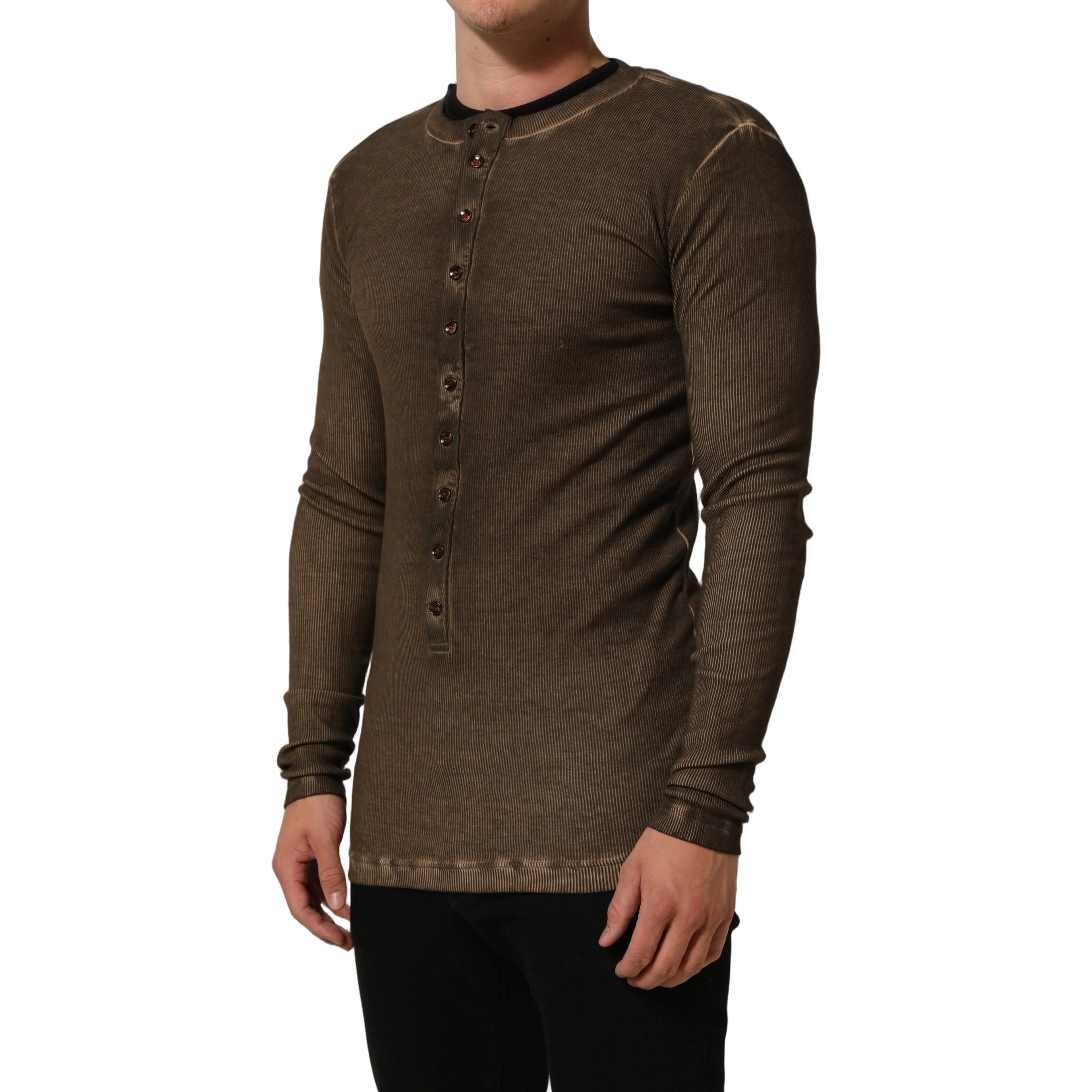 Brown Cotton Buttoned Henley Pullover Sweater