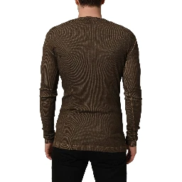 Brown Cotton Buttoned Henley Pullover Sweater