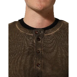 Brown Cotton Buttoned Henley Pullover Sweater