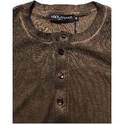Brown Cotton Buttoned Henley Pullover Sweater