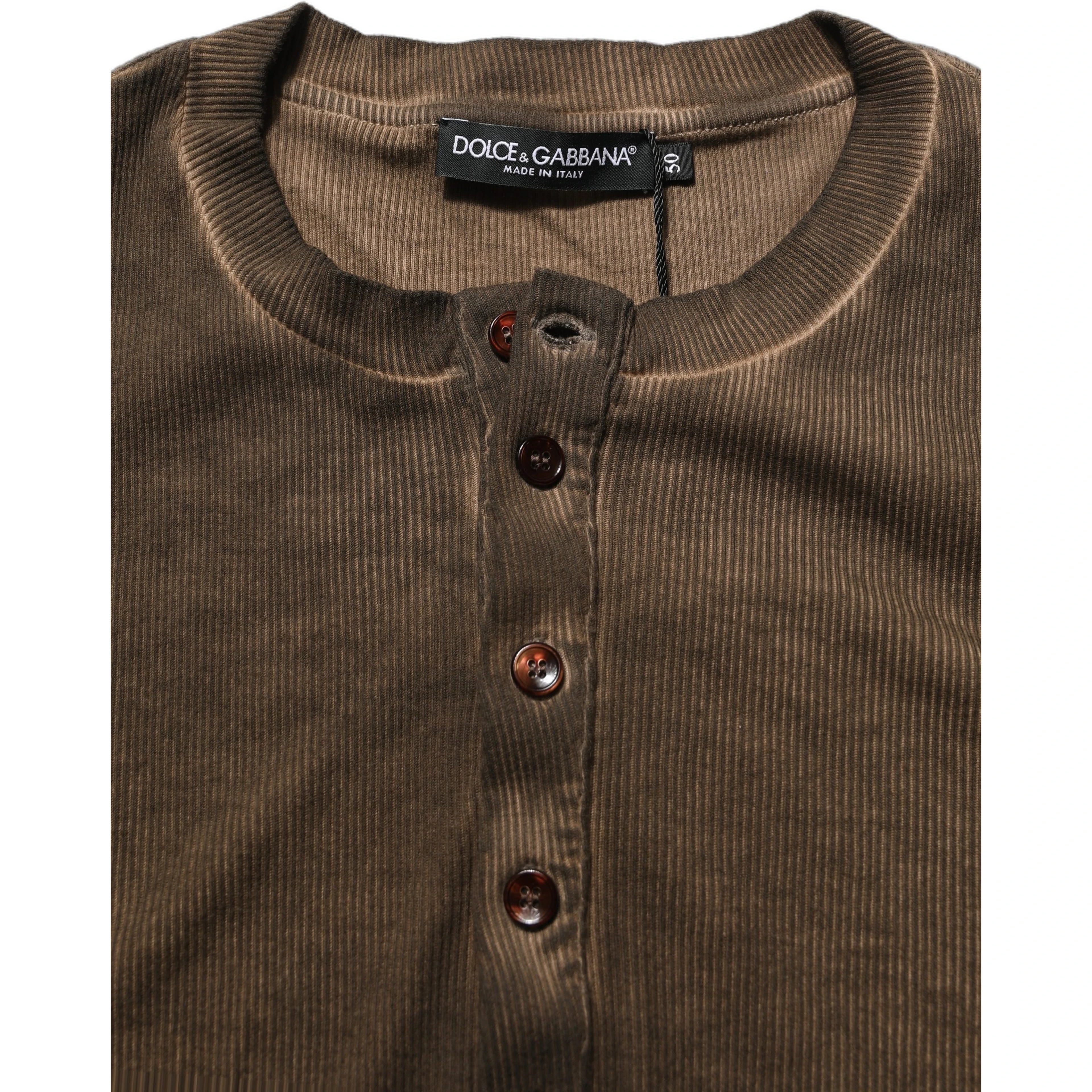Brown Cotton Buttoned Henley Pullover Sweater