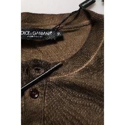 Brown Cotton Buttoned Henley Pullover Sweater