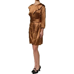 Brown Satin Acetate Wrap Sheath Mini Belted Dress
