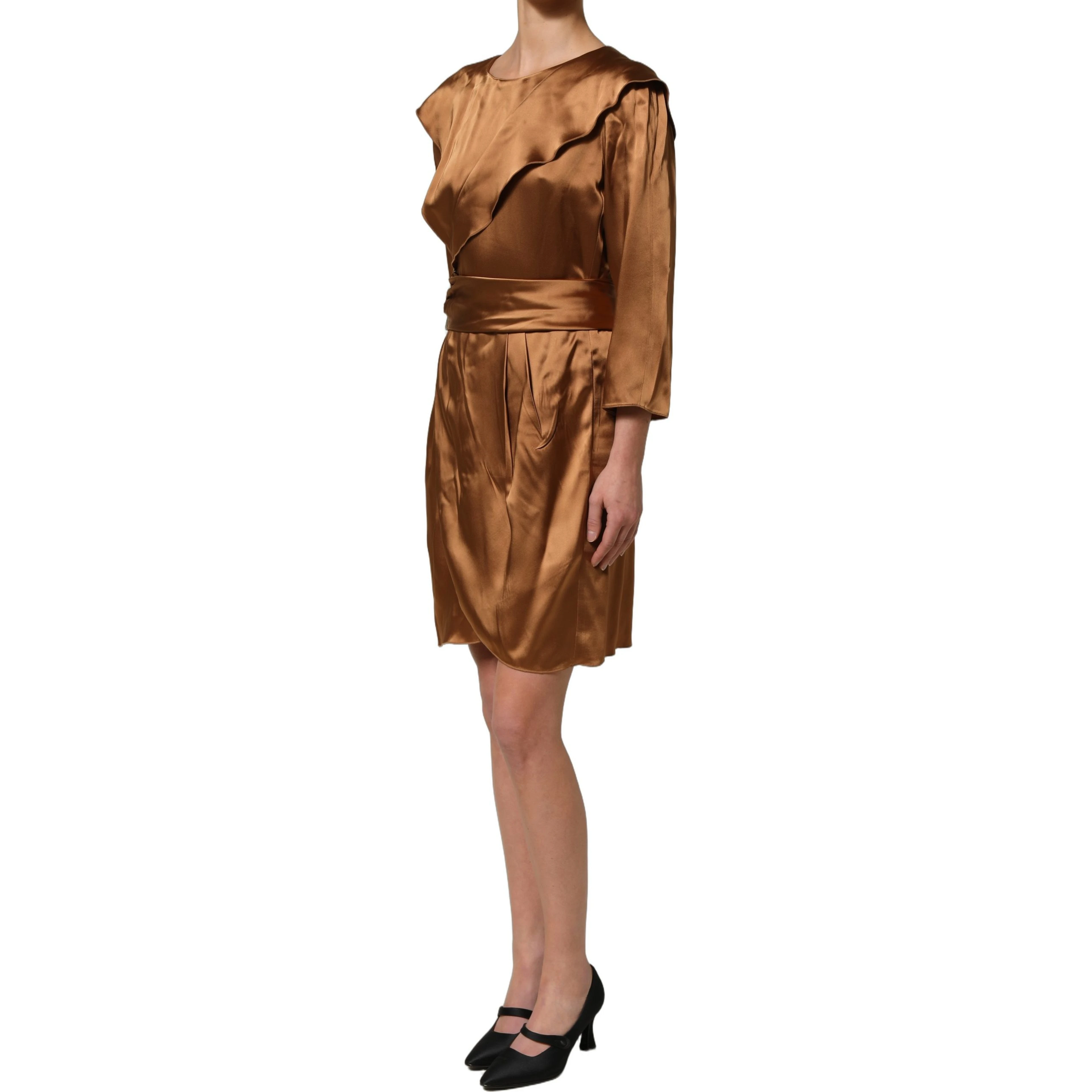 Brown Satin Acetate Wrap Sheath Mini Belted Dress