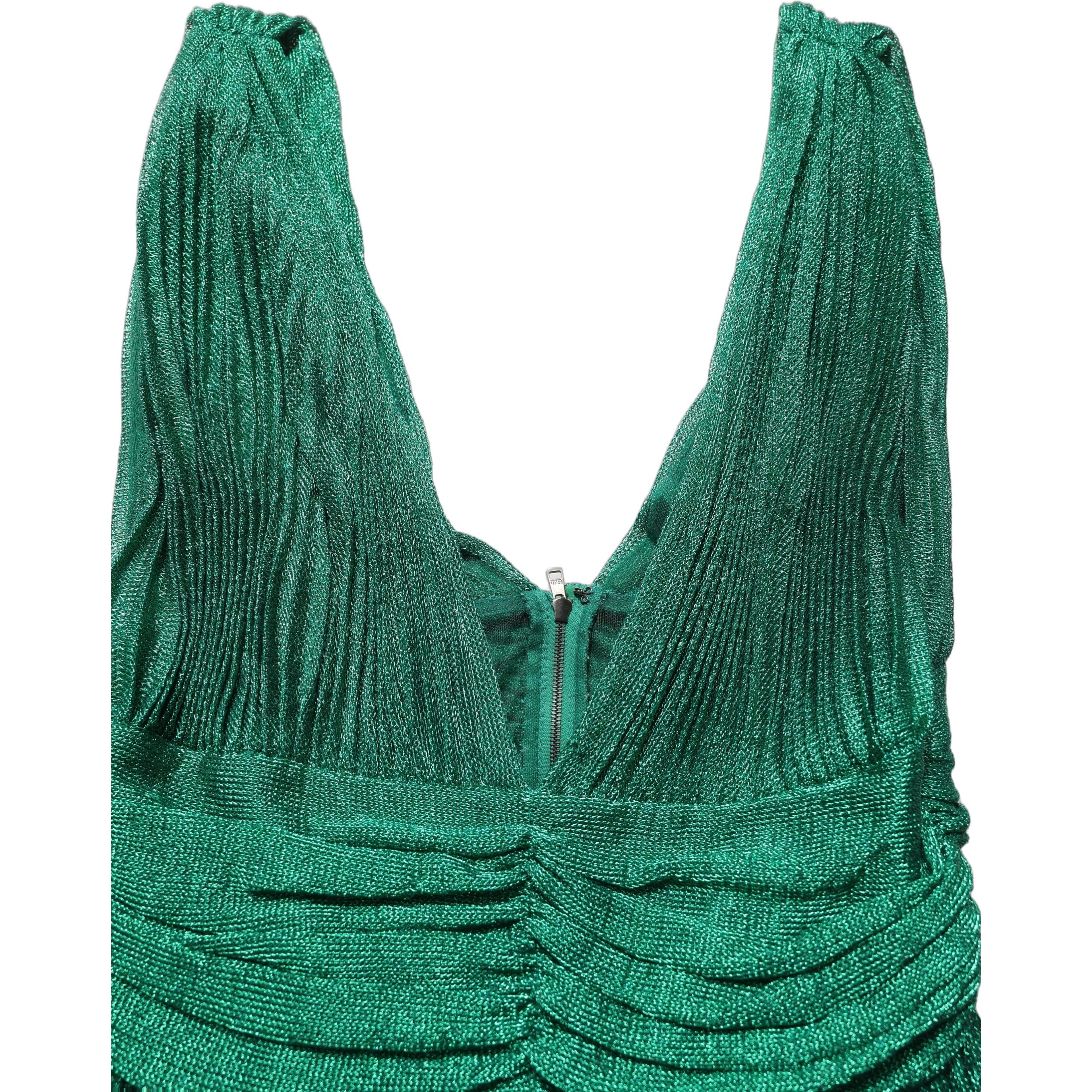 Metallic Green Sleeveless Plissé Gown Dress