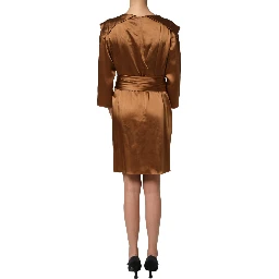 Brown Satin Acetate Wrap Sheath Mini Belted Dress