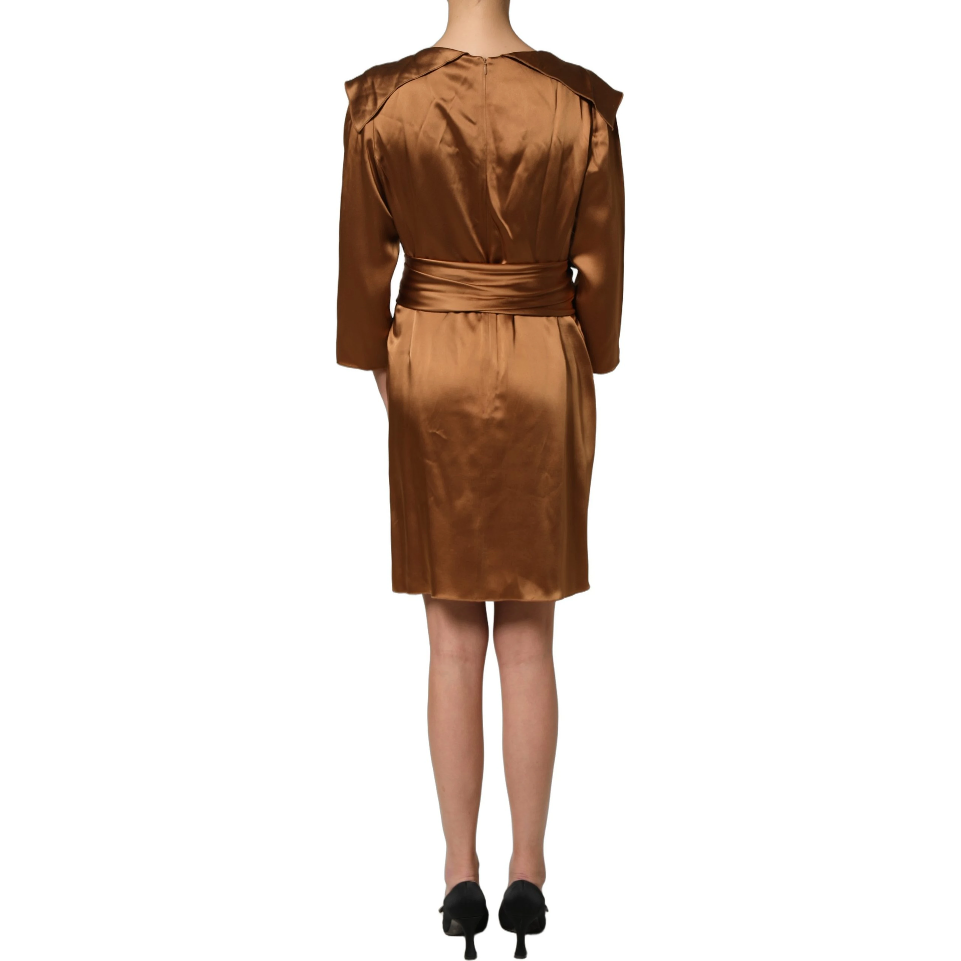 Brown Satin Acetate Wrap Sheath Mini Belted Dress