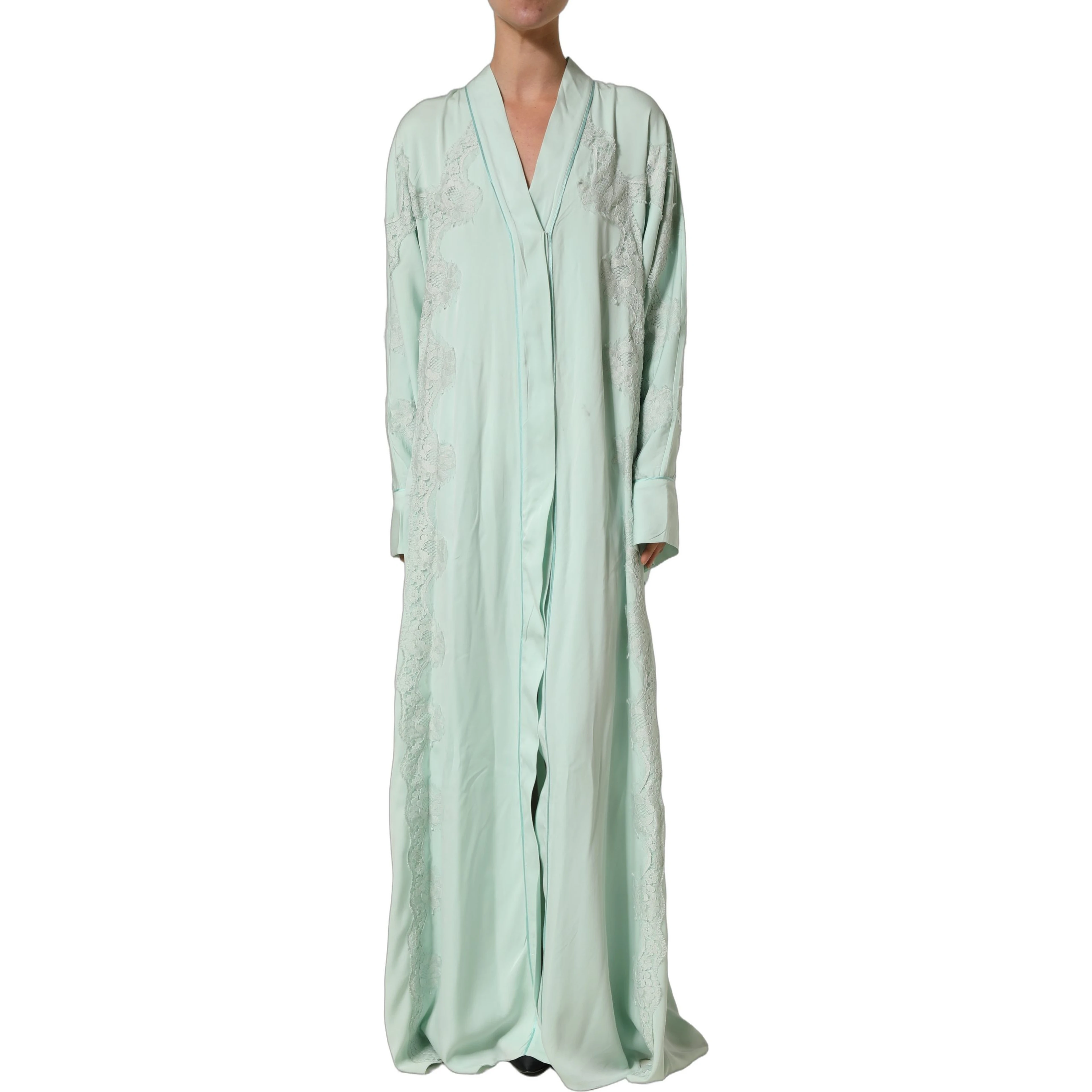 Mint Green Silk Lace Trim Abaya Maxi Dress