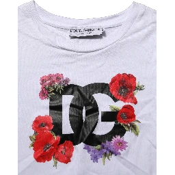 White Floral Logo Cotton Round Neck T-shirt